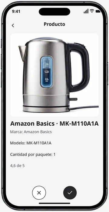 Foto, información del modelo y acciones de Amazon en la app