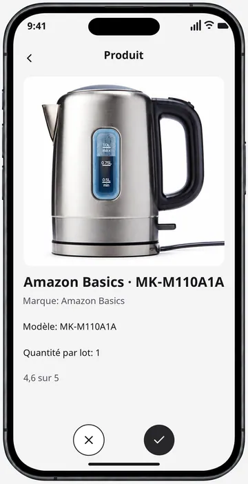 Photo du produit, modèle et actions Amazon dans l’app